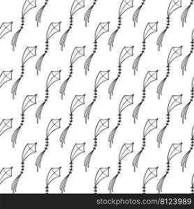 Kite vector seamless pattern doodle, hand drawn, minimalistic, monochrome. Black and white background. Kite vector seamless pattern doodle, hand drawn, minimalistic, monochrome. Black and white