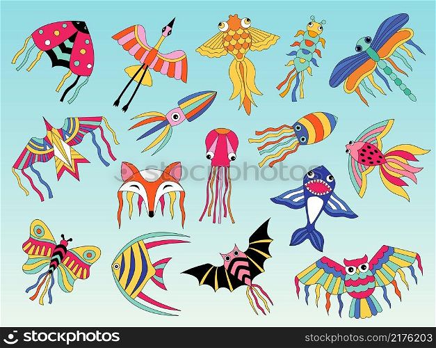 Kites animals. Flying colored kites for happy kids air attractions outdoor recent vector flat pictures. Illustration shark and fox, fish and octopus. Kites animals. Flying colored kites for happy kids air attractions outdoor recent vector flat pictures