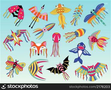 Kites animals. Flying colored kites for happy kids air attractions outdoor recent vector flat pictures. Illustration shark and fox, fish and octopus. Kites animals. Flying colored kites for happy kids air attractions outdoor recent vector flat pictures