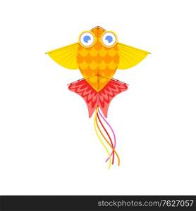Kites in shape of bird, fish or insects, entertainment and active pastime. Vector toy of paper or fabric, butterfly and dragonfly, ladybug. Flying object, childish game, summer festival, isolated. Flying kite, entertainment and active pastime