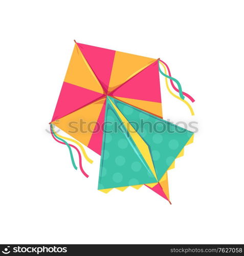 Kites in shape of bird, fish or insects, entertainment and active pastime. Vector toy of paper or fabric, butterfly and dragonfly, ladybug. Flying object, childish game, summer festival, isolated. Flying kite, entertainment and active pastime