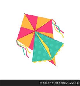 Kites in shape of bird, fish or insects, entertainment and active pastime. Vector toy of paper or fabric, butterfly and dragonfly, ladybug. Flying object, childish game, summer festival, isolated. Flying kite, entertainment and active pastime