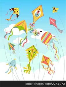 Kites in sky. Bright air toys in clouds, color flying controlled objects on strings, different design bee and smiling faces, hobby and outdoor activity background, vector cartoon flat isolated concept. Kites in sky. Bright air toys in clouds, color flying controlled objects on strings, different design bee and smiling faces, hobby and outdoor activity background, vector concept