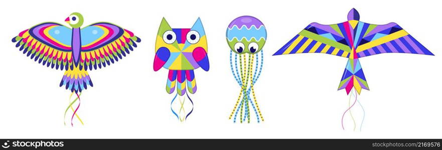 Kites set vector. International Kites Day holiday. Colorful fly toy collection