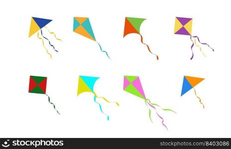 Kites, vector set. Multi-colored flat style kites.