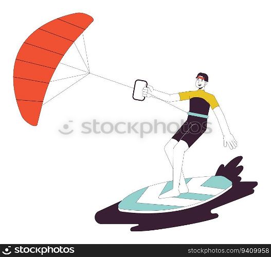 Kitesurfing flat line vector spot illustration. Surfer with kite standing on board 2D cartoon outline character on white for web UI design. Water sports editable isolated colorful hero image. Kitesurfing flat line vector spot illustration