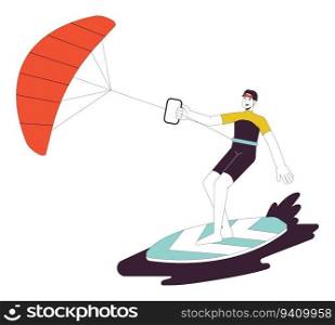 Kitesurfing flat line vector spot illustration. Surfer with kite standing on board 2D cartoon outline character on white for web UI design. Water sports editable isolated colorful hero image. Kitesurfing flat line vector spot illustration