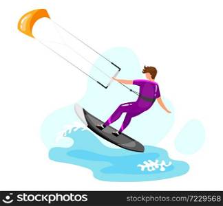 Kitesurfing flat vector illustration. Extreme sports experience. Active lifestyle. Summer vacation outdoor activities. Ocean turquoise waves. Sportsman isolated cartoon character on blue background. Kitesurfing flat vector illustration