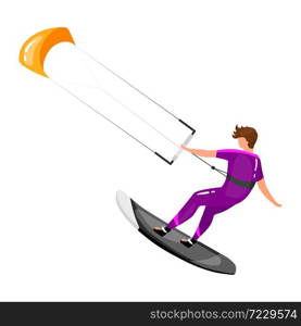 Kitesurfing flat vector illustration. Extreme sports experience. Active lifestyle. Vacation outdoor activities. Sportsman balancing on board with kite isolated cartoon character on white background. Kitesurfing flat vector illustration