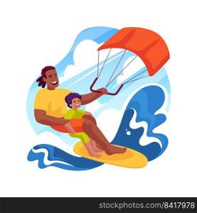 Kitesurfing isolated cartoon vector illustration. Father and son on kiteboard, active family, kitesurfing with children, watersport, seaside activity, kite flying lesson vector cartoon.. Kitesurfing isolated cartoon vector illustration.