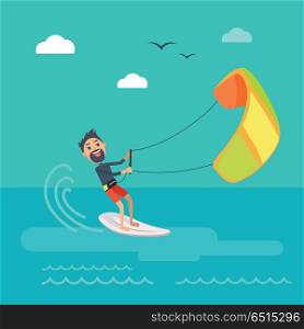 Kitesurfing vector concept. Joyful man holding kite and sliding on sea surface on surf flat vector. Leisure on summer vacation. Resting on tropical seacoast. For kiteboarding club, travel company ad . Kitesurfing Vector Concept in Flat Design . Kitesurfing Vector Concept in Flat Design
