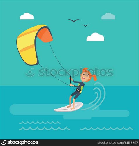 Kitesurfing vector concept. Joyful woman holding kite and sliding on sea surface on surf flat vector. Leisure on summer vacation. Resting on tropical seacoast. For kiteboarding club, travel company . Kitesurfing Vector Concept in Flat Design . Kitesurfing Vector Concept in Flat Design