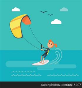 Kitesurfing vector concept. Joyful woman holding kite and sliding on sea surface on surf flat vector. Leisure on summer vacation. Resting on tropical seacoast. For kiteboarding club, travel company . Kitesurfing Vector Concept in Flat Design . Kitesurfing Vector Concept in Flat Design