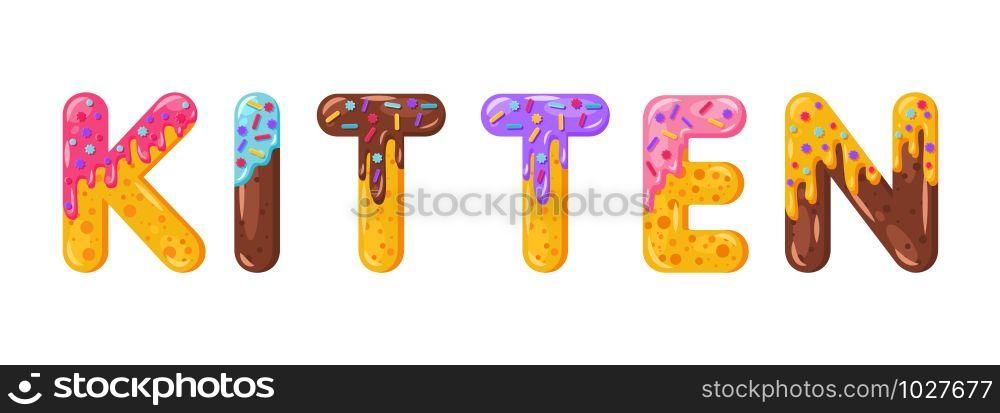 Kitten biscuit vector lettering. Glazed gingerbread inscription. Tempting flat design typography. Cookies letters cat lover phrase isolated on white. Biscuit cute word t shirt print, banner element