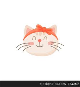 Kitten girl with bow on head isolated pleased cat. Vector happy emoticon, cat in good mood, kitten snout with closed eyes emoji sticker. Lovely cat-girl with bobby pin or barrette on head. Happy kitty girl bow on head isolated cute kitten