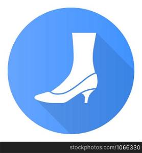 Kitten heel shoes blue flat design long shadow glyph icon. Woman stylish formal footwear. Female casual and formal retro pumps. Fashionable ladies clothing accessory. Vector silhouette illustration