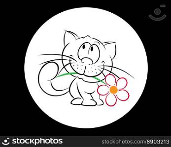 Kitten with a red flower in a round frame on a black background.