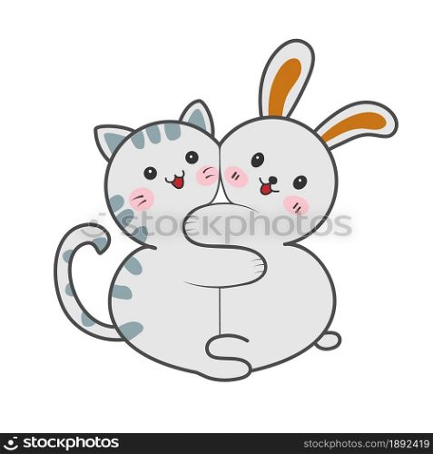 Kitty and bunny hug. children&rsquo;s funny picture for books, applications and creative design. Flat style.
