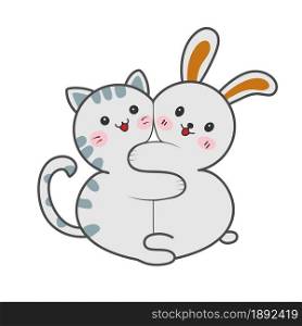 Kitty and bunny hug. children&rsquo;s funny picture for books, applications and creative design. Flat style.