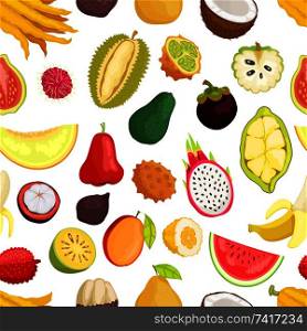 Kiwano coconut and banana, avocado and cupuacu, salak and kumquat, lychee and bael, papaya and succulent mango vector seamless pattern of tropical fruits. Seamless Pattern Tropical Fruits Vector Isolated