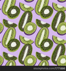 Kiwi abstract slices seamless doodle pattern in green colors. Pastel lilac background. Vitamin summer tropic fruits. Great for fabric design, textile print, wrapping, cover. Vector illustration.. Kiwi abstract slices seamless doodle pattern in green colors. Pastel lilac background. Vitamin summer tropic fruits.