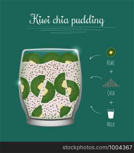 Kiwi chia pudding in glass cup. Healthy nutrition recipe. Vegetarian diet food vector illustration in flat style... Kiwi chia pudding in glass cup. Vegetarian diet food vector illustration in flat style..