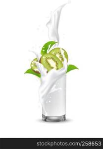Kiwi fruit cocktail. Splash milk swirl in the realistic glass. 3d Realistic Vector