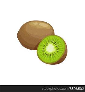 Kiwi fruit, fresh tropical plant. Vector kiwifruit, cartoon Chinese gooseberry ripe organic product whole and half slice. Natural exotic juicy fruit with rough peel and green flesh with seeds. Kiwi fruit, fresh tropical plant, vector kiwifruit