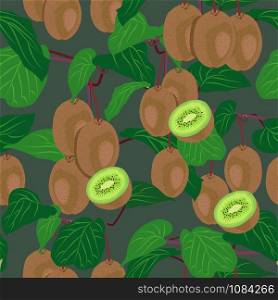Kiwi fruit tree seamless pattern on green background, Vector illustration