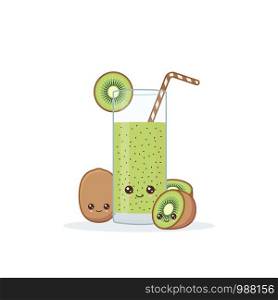 kiwi juice. Cute kawai smiling cartoon juice with slices in a glass with juice straw.