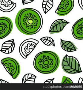Kiwi seamless pattern. Hand drawn fresh tropical fruit. Multicolored vector sketch background. Colorful doodle wallpaper. Green and blue print