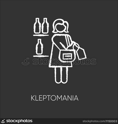 Kleptomania chalk icon. Woman stealing alcohol. Substance abuse. Obsessive-compulsive spectrum. Mental disorder. Person hiding beverage. Psychiatric issue. Isolated vector chalkboard illustration