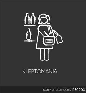 Kleptomania chalk icon. Woman stealing alcohol. Substance abuse. Obsessive-compulsive spectrum. Mental disorder. Person hiding beverage. Psychiatric issue. Isolated vector chalkboard illustration
