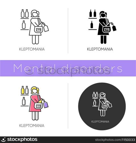 Kleptomania icon. Woman stealing alcohol. Substance abuse. Obsessive-compulsive spectrum. Mental disorder. Person hiding beverage. Flat design, linear and color styles. Isolated vector illustrations