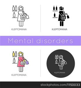 Kleptomania icon. Woman stealing alcohol. Substance abuse. Obsessive-compulsive spectrum. Mental disorder. Person hiding beverage. Flat design, linear and color styles. Isolated vector illustrations