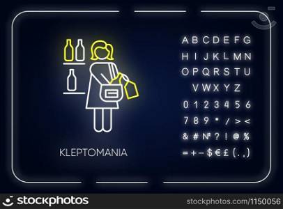 Kleptomania neon light icon. Woman stealing alcohol. Substance abuse. Mental disorder. Person hiding beverage. Glowing sign with alphabet, numbers and symbols. Vector isolated illustration