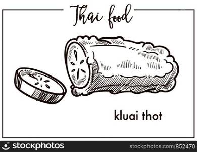 Kluai that sweet dessert from traditional Thai food. Ripe tropical bananas cooked in mixture of coconut milk and cream isolated cartoon flat monochrome vector illustration on white background.. Kluai that sweet dessert from traditional Thai food