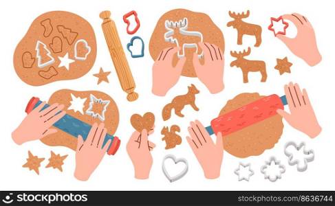 Kneading dough hands. Woman prepares homemade cookies. Top view. Cooking school. Vector illustration in flat style.