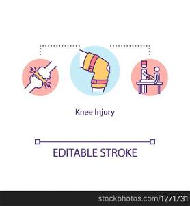 Knee injury, traumatism concept icon. Orthopedics, kneecap fracrure, meniscus removal, tendon sprain idea thin line illustration. Vector isolated outline RGB color drawing. Editable stroke