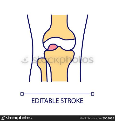 Knee joint RGB color icon. Body part. Human anatomy. Joints and bones disorder. Arthritis. Knee trauma and injury. Isolated vector illustration. Simple filled line drawing. Editable stroke. Knee joint RGB color icon