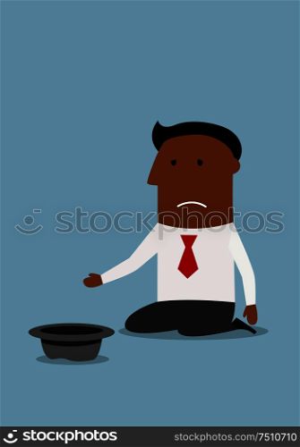 Kneeling bankrupt cartoon african american businessman begging for money with hat. Bankruptcy or financial crisis concept theme design. Businessman begging for money with hat