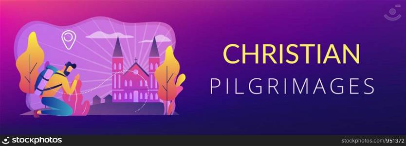 Kneeling pilgrim reached famous christian cathedral and praying. Christian pilgrimages, go on pilgrimage, visit the saint places concept. Header or footer banner template with copy space.. Christian pilgrimages concept banner header.