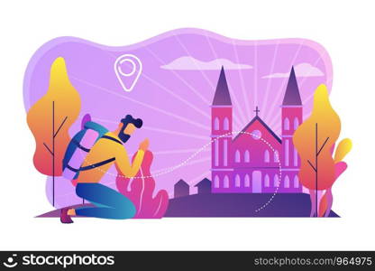 Kneeling pilgrim reached famous christian cathedral and praying. Christian pilgrimages, go on pilgrimage, visit the saint places concept. Bright vibrant violet vector isolated illustration. Christian pilgrimages concept vector illustration.