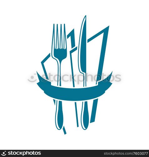 Knife, folk and spoon on plate isolated table setting. Vector kitchen utensils, cutlery logo. Cutlery and plate, isolated utensils