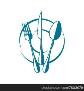 Knife, folk and spoon on plate isolated table setting. Vector kitchen utensils, cutlery logo. Cutlery and plate, isolated utensils