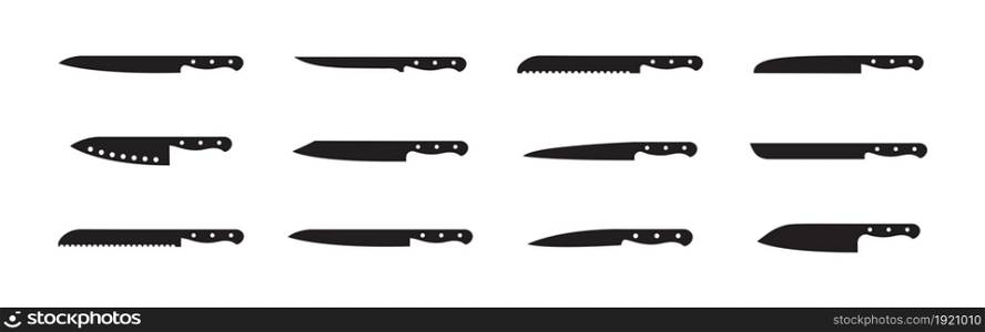 Knife for butcher. Kitchen knives. Set of sharp knives for barbecue, cheese, meat, bread, fish, vegetable and steak. Cutlery for dining, chef and restaurant. Blade with handle. Different icons. Vector. Knife for butcher. Kitchen knives. Set of sharp knives for barbecue, cheese, meat, bread, fish, vegetable and steak. Cutlery for dining, chef , restaurant. Blade with handle. Different icons. Vector.