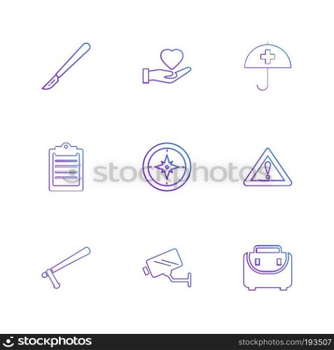 knife , heart , umbrella , medical , clipbaord , target , caution , camera , breifcase , icon, vector, design,  flat,  collection, style, creative,  icons