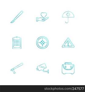 knife , heart , umbrella , medical , clipbaord , target , caution , camera , breifcase , icon, vector, design,  flat,  collection, style, creative,  icons