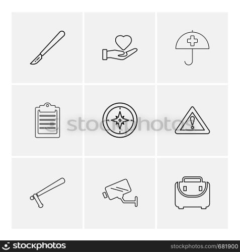 knife , heart , umbrella , medical , clipbaord , target , caution , camera , breifcase , icon, vector, design, flat, collection, style, creative, icons