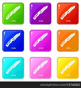 Knife icons set 9 color collection isolated on white for any design. Knife icons set 9 color collection
